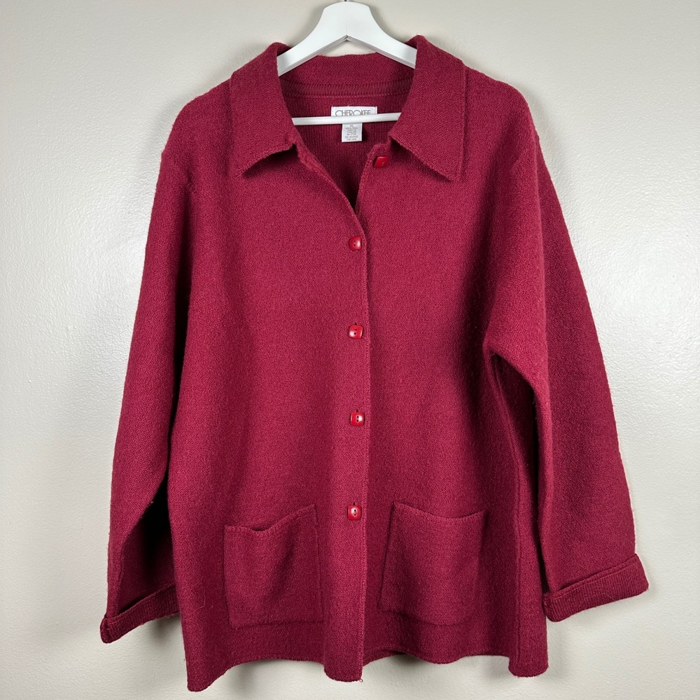 Cherokee Women's XL Cardigan Sweater Burgundy 100% Wool Button Front Collared